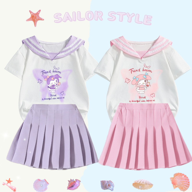 Girls Academy สไตล์ชุด Kuromi Melody เสื้อยืดคอปกสีกรมท่าชุดกะลาสีอเนกประสงค์เวอร์ชั่นเกาหลีกระโปรงจีบ
