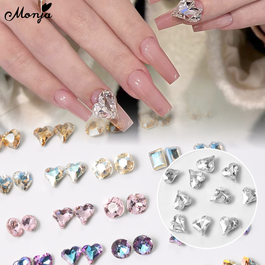 Monja 10 ชิ้น 3D เล็บ Rhinestones คริสตัลที่มีสีสันผสม ขวานไขมันสแควร์เพชรเครื่องประดับ เล็บตกแต่ง