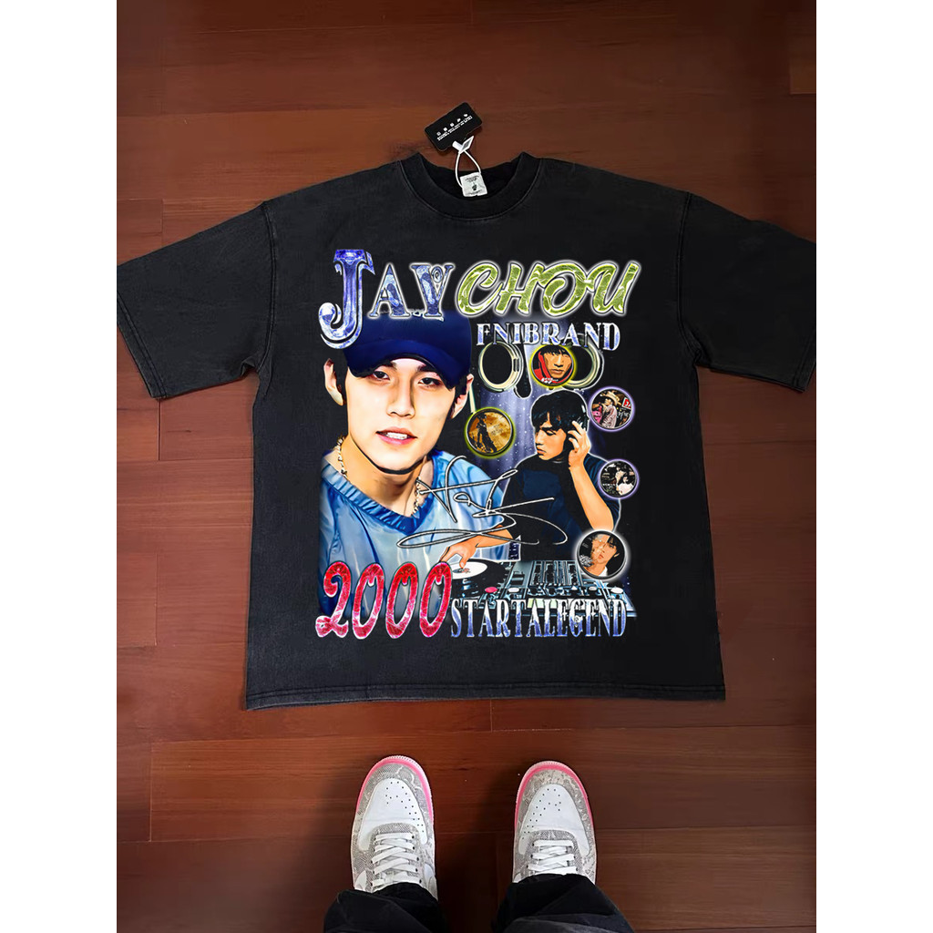 Jay Chou ราชาเพลงป๊อปแห่งเอเชีย คอเล็กสไตล์อเมริกัน old street retro vtg เสื้อยืดแขนสั้นและยาว