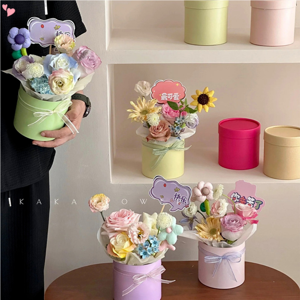 กล่องดอกไม้กลมที่มีสีสันกล่องของขวัญที่ว่างเปล่าสดดอกไม้จริงจัดในกล่องหรูหราสําหรับช่อที่เก็บรักษาไว้กุหลาบตกแต่งงานแต่งงานฟลอริสอุปกร