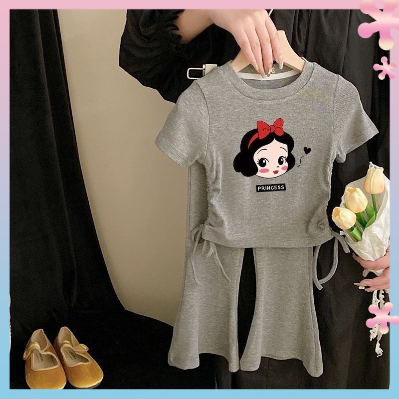 Girls2024Hot Sale Set Casual Ice Silk Short Sleeve Top Bell-Bottom Pants Baby Summer Two-Piece Outer Wear