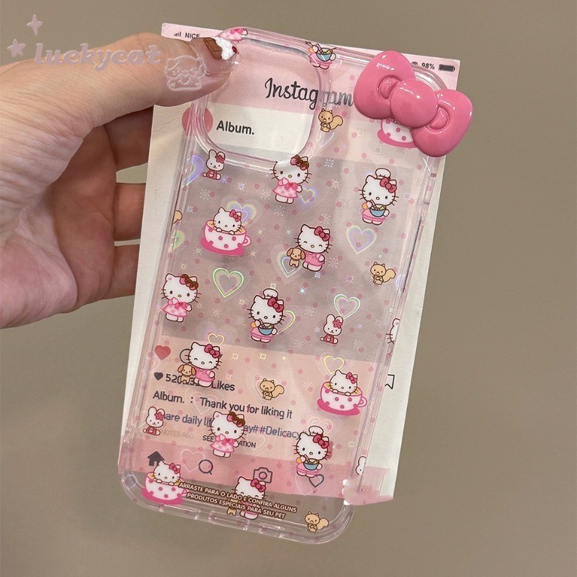 Iphone 15 14 13 12 11 Pro Max X Xr Xs Max 7 8 Plus SE2020 เคสโทรศัพท์น่ารักโบว์สีชมพู KT Cat Park สาวหัวใจรักหัวใจฝาครอบโทรศัพท์นุ่มใส
