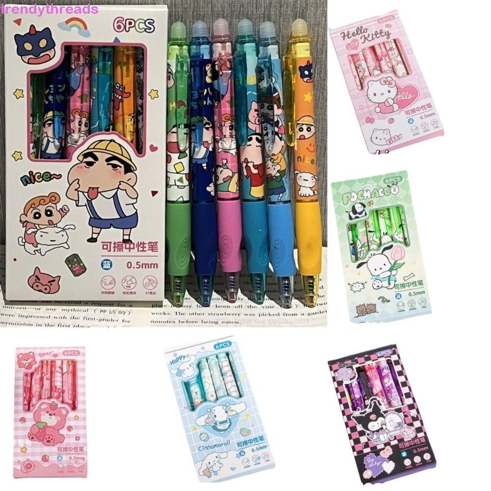 Trendythreads 6 ชิ้น Erasable neutral Pen, St Pen Tip ปากกาเจลลบได้น่ารัก, ปากกาเขียนโรงเรียน 0.5 มม.หลายสีอะนิเมะเพศปากกาเป็นกลางนักเรียน