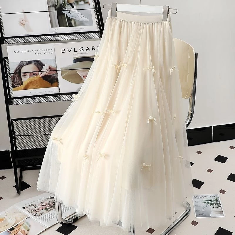Simple All-Match Bowknot Gauze Skirt Classy Skirt ผู้หญิงความยาวกลางขนาดใหญ่ Hem กระโปรงร่ม