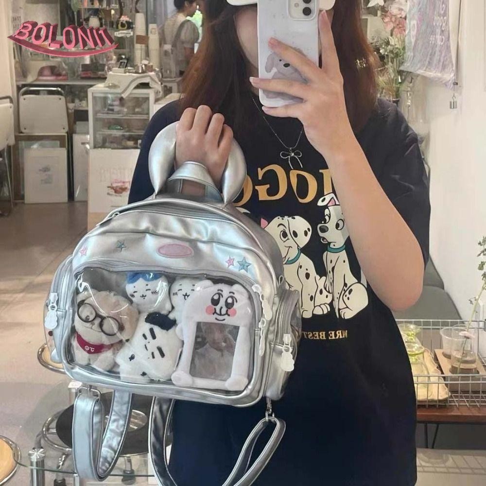 Bo ลายสก๊อตสีฟ้า Itabag,สไตล์เกาหลี PU กระเป๋าใส,แบบพกพาตุ๊กตาผ้าฝ้ายกระเป๋าป้ายกระเป๋าเก็บ Dual Purpose แฟชั่นกระเป๋าเป้สะพายหลังผู้หญิง