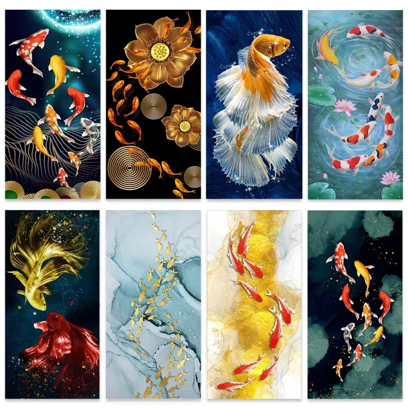 สไตล์ Golden Koi Feng Shui ปลาภาพวาดผ้าใบ Wall Art โปสเตอร์พิมพ์ปลาคาร์พ Lotus Pond ภาพตกแต่งบ้าน Cuadros
