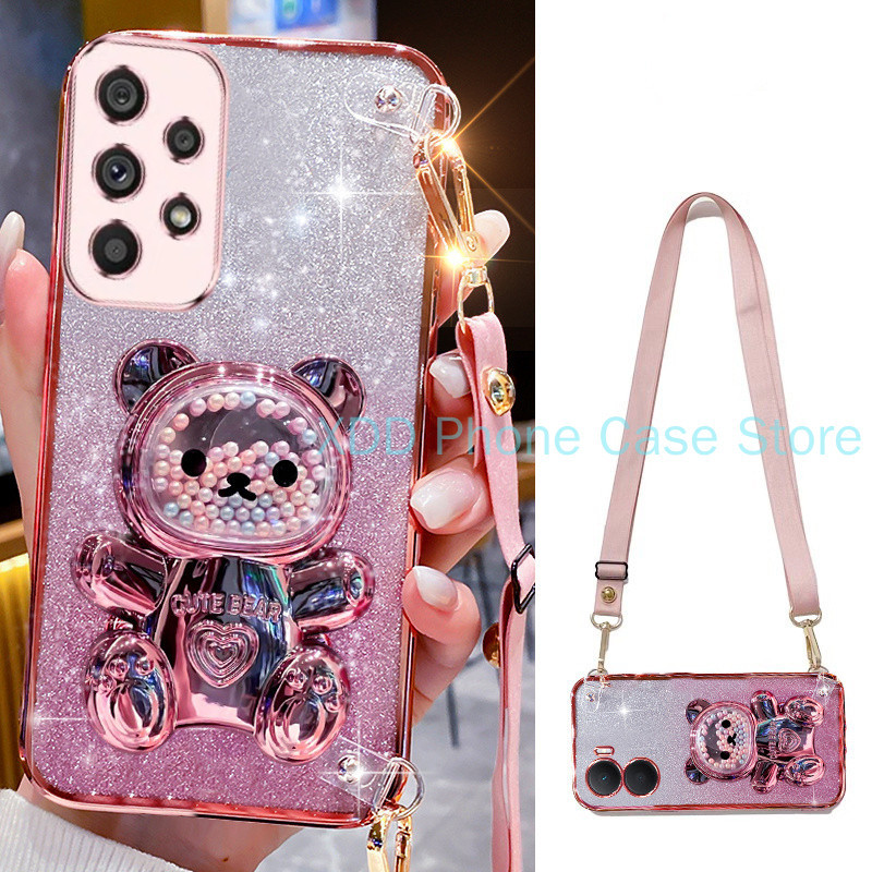 SAMSUNG ปลอกsamsung Galaxy A73 A72 A53 A52 A52S A33 A32 4G 5G M32 5G A23 5G A13 4GกรณีElectroplatingโปร่งใสG Glitter 3D Quicksandหมีวงเล็บเคสโทรศัพท์พร้อมCrossbody Lanyard