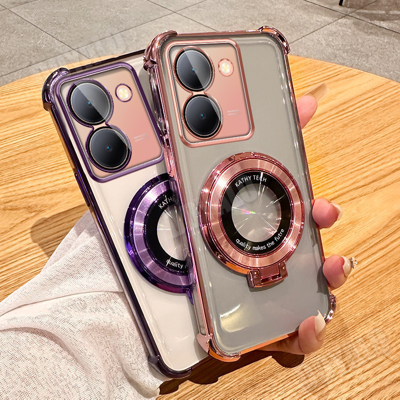 พร้อมหรูหราชุบปลอกสําหรับvivo Y36 Y27 4G 5G Y27S V30 V29 V27 V23 Pro 5Gถุงลมนิรภัยพร้อมขายึดแม่เหล็กกล้องเลนส์ฟิล์มเคสโทรศัพท์นุ่มกันกระแทกใสปกหลังใส