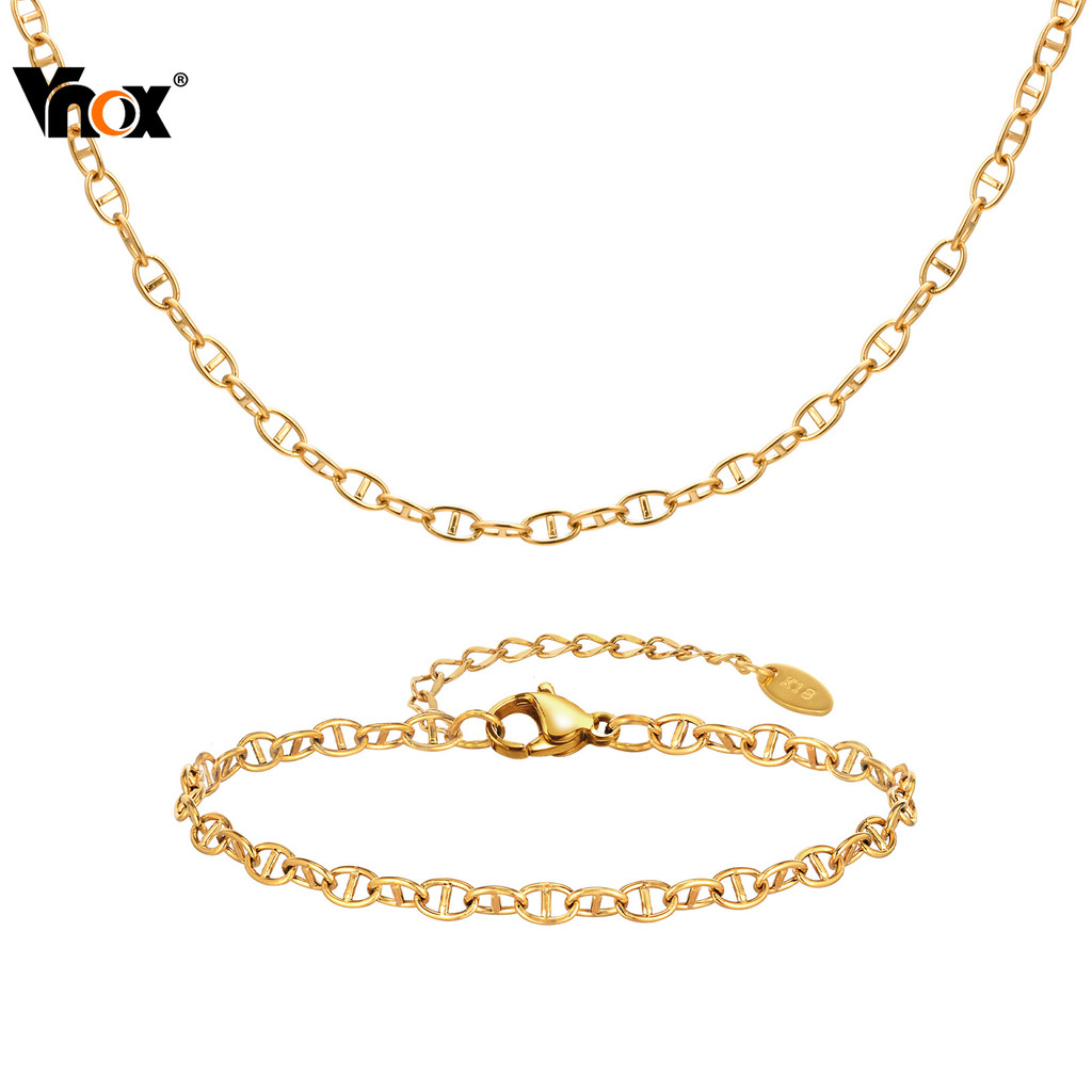 Vnox ชุดสร้อยข้อมือสร้อยคอโซ่แฮนด์เมดสําหรับผู้หญิง,18K Gold สแตนเลส Hypoallergenic Link Chain,ชุดเครื่องประดับแฟชั่น