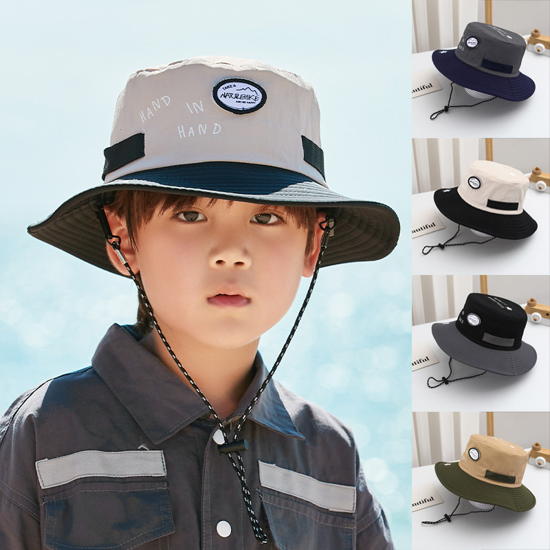 หมวกสำหรับเด็ก ฤดูใบไม้ผลิและฤดูร้อน กลางแจ้ง แห้งเร็ว กันแดด สีผสม หมวกสไตล์โบลเดน มีเชือกปรับขนาด