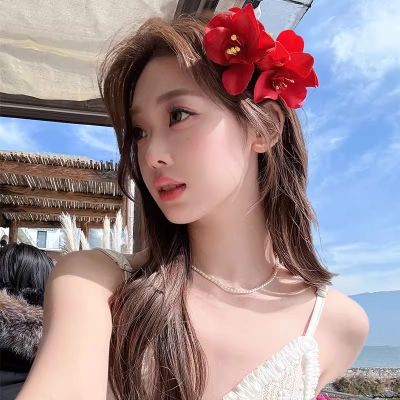 ใหม่สวยสีแดงดอกไม้ประดิษฐ์กิ๊บคลิปด้านเรียบคลิปเครื่องประดับผม