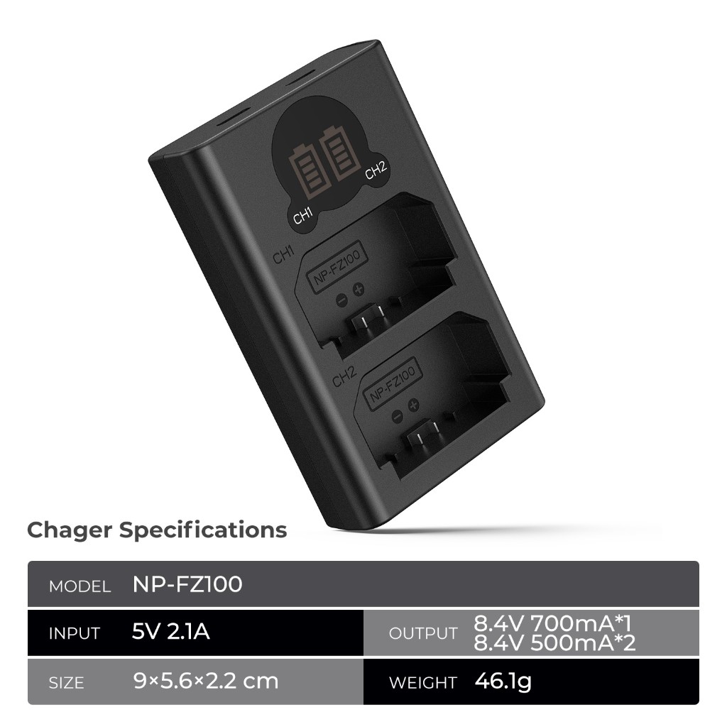 K&F CONCEPT NP-FZ100 ชาร์จแบต Sony🔋 พร้อมจอ LCD 2 ช่อง USB+Type-C ชาร์จเร็ว แบบพกพา 👍