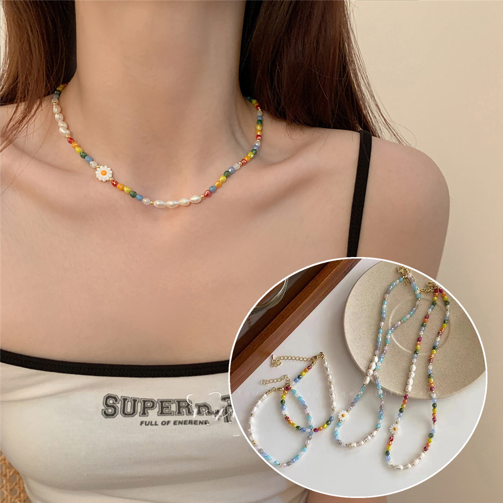 สร้อยคอลูกปัด Dopamine สีสําหรับผู้หญิงแฟชั่นอเนกประสงค์สีซีดจางโซ่กระดูกไหปลาร้าหรูหราระดับไฮเอนด์