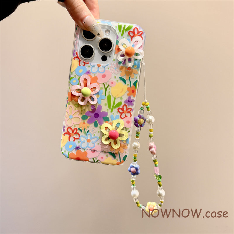 สําหรับ IPhone 16 15 14 13 12 11 Pro Max X XR XS Max 7 8 Plus สร้อยข้อมือสวนสีสันสดใส 3D ดอกไม้เคสโทรศัพท์ปกอ่อน