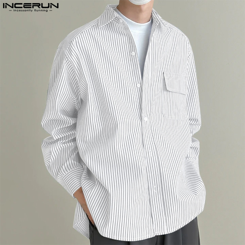 Incerun ผู้ชายเกาหลี Commute Casual Turn-Down-Collar เสื้อแขนยาวลายทาง ราคา ถูกที่สุด ดีลบีเคเค แกลเลอรีภาพที่ 5