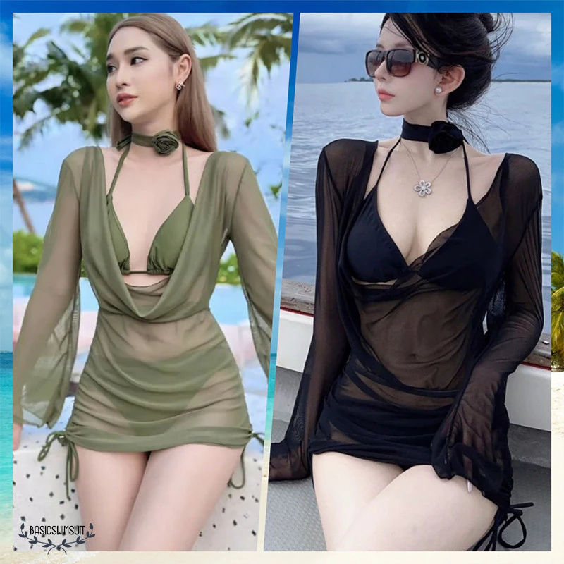 🧡Basic swimsuit💛ชุดว่ายน้ํา 3 ชิ้น ชุดบิกินี่ chiffon smock เปลือยหลัง การออกแบบจีบ