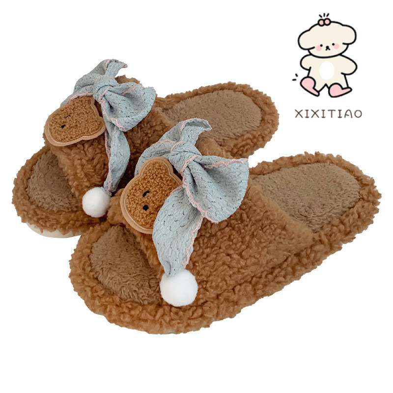 Xitiao รองเท้าแตะขนยาวหมีบ้านที่สะดวกสบายหญิงน่ารักโบว์โบว์รองเท้าแตะผ้าฝ้ายแบบสวม