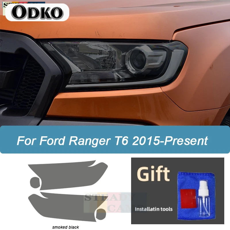 ไฟหน้ารถป้องกันฟิล์มควันสีดํา Tint Wrap ไวนิล TPU สติกเกอร์สําหรับ Ford Ranger T6 2015-2022 ไฟหน้าป้องกันฟิล์ม