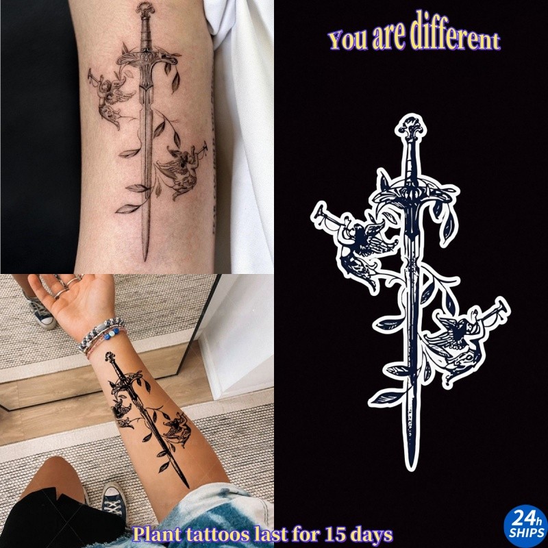 นางฟ้าดาบรูปแบบสักสาวเซ็กซี่แขนพืชสักสติกเกอร์รอยสักกันน้ําติดทนนาน15วันสติกเกอร์ผิวรอยสักปลอมชั่วคราว