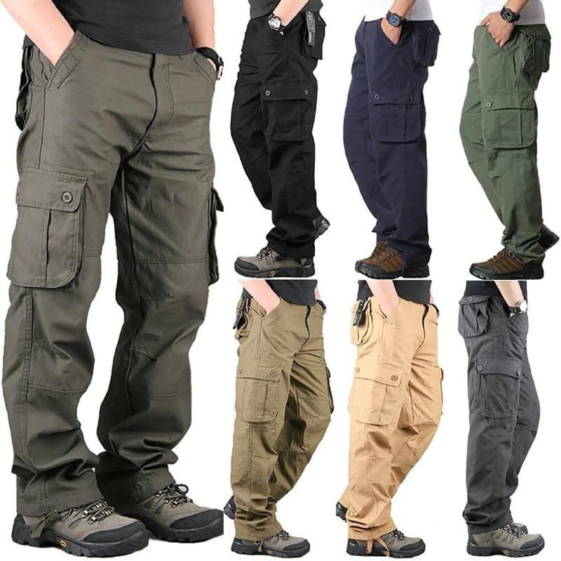 กางเกงลําลองสําหรับผู้ชาย ชุดเอี๊ยมหลายกระเป๋าสไตล์อเมริกันสตรีท แฟชั่นฤดูร้อน กางเกงขาตรงสีกากีสีดําสีเขียวสําหรับผู้ชาย