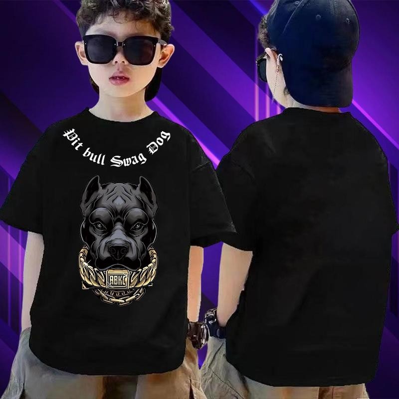 เสื้อยืดสไตล์สตรีท สกรีนลายกราฟิกบูลด็อก แขนสั้น คอกลม 100-150ซม. อายุ 3-12 ปี