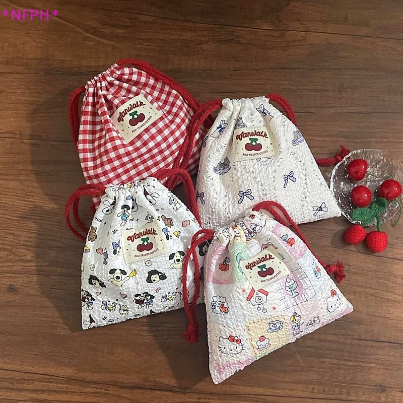 เอ็นเอฟพีเอช> น่ารักคิตตี้โบว์พิมพ์ เชือกรูด กระเป๋าลายสก๊อตสีแดงเชอร์รี่กระเป๋าเครื่องสําอางความจุขนาดใหญ่เดินทางแบบพกพาถุงเก็บของกระจุกกระจิกของขวัญใ