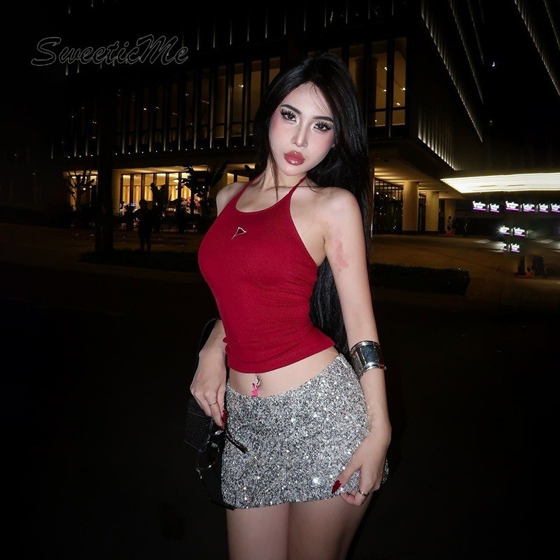 SweeticMe Womens 2025 แฟชั่นใหม่ Sweet Slim Fit Street Halter Tank Tops Camisole ราคา ถูกที่สุด ดีลบีเคเค แกลเลอรีภาพที่ 6