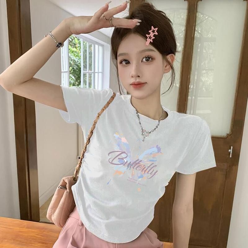 เสื้อยืดแขนสั้น เอวจั้ม เสื้อเอวจั้ม เสื้อยืดผู้หญิง ลายสกรีน เสื้อยืดได้เยอะมาก ผ้าไม่หนา ใส่สบาย