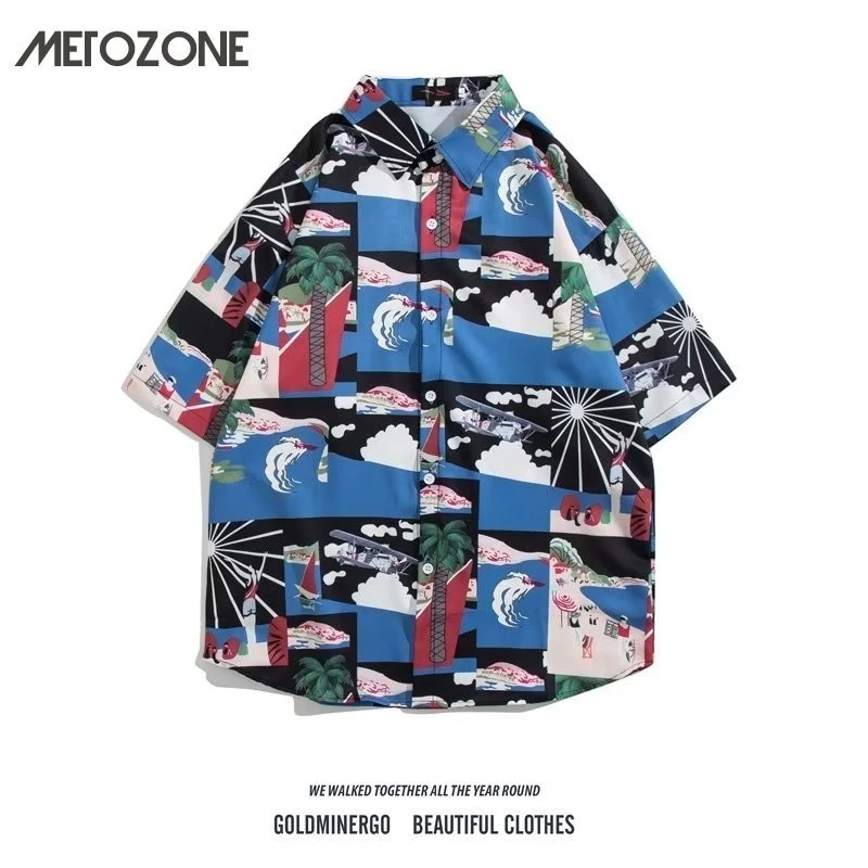 เสื้อเชิ้ตแขนสั้นผู้ชายลายดอกไม้วินเทจ MeTozone