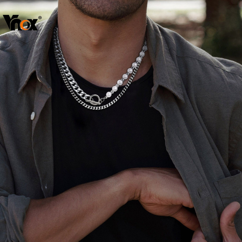 Vnox Hip Hop 18K Gold OT Pearl Chain สร้อยคอสําหรับชาย,แฟชั่น Double Layered Choker สร้อยคอเครื่องประดับ