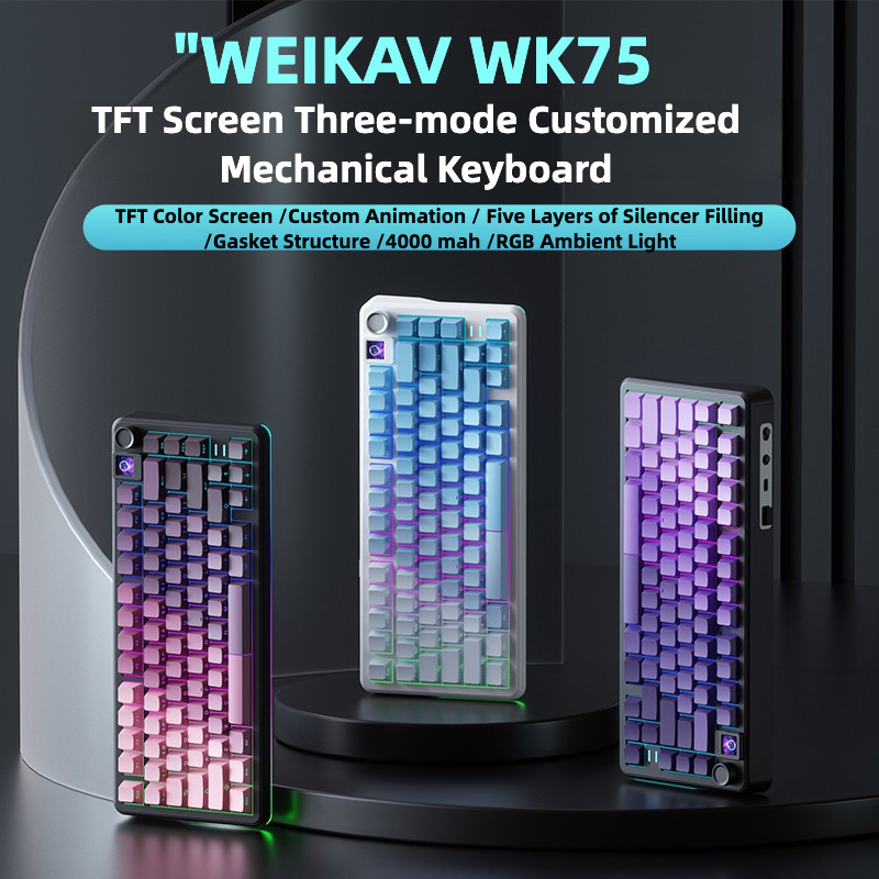WEIKAV WK75 คีย์บอร์ดแบบกลไกสามโหมดบลูทูธไร้สาย 2.4G แบบมีสาย RGB TFT หน้าจอสีปะเก็นเกมสํานักงาน