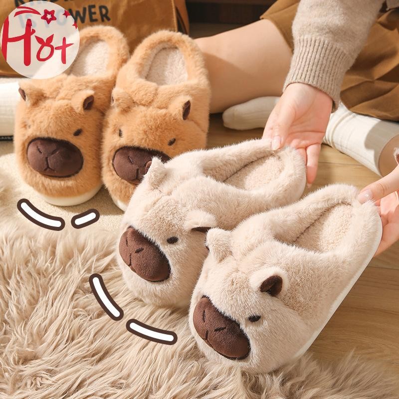 Ge Plush Capybara รองเท้าแตะรองเท้าแตะปิดนิ้วเท้าน่ารัก Slip-on House รองเท้าสบาย Furry เดินรองเท้าลื่นสําหรับห้องนอนในร่มสแควร์