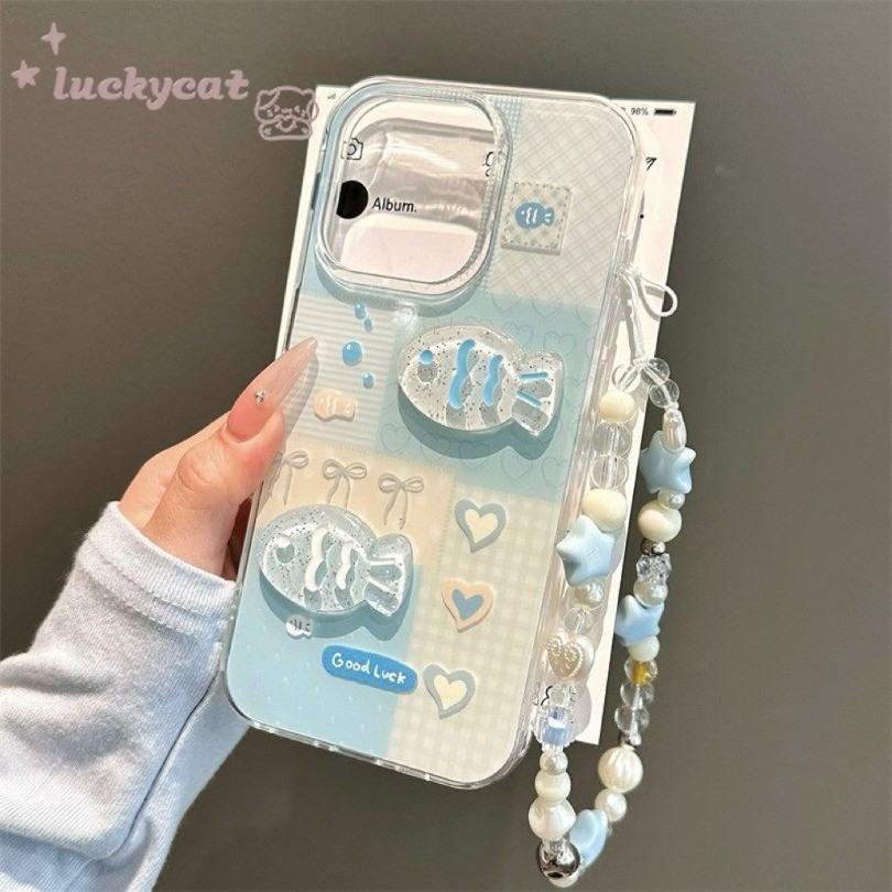 Iphone 16 15 14 13 12 11 Pro Max X Xr Xs Max 7 8 Plus SE2020 เคสโทรศัพท์ Ins 3D DIY สองคริสตัลปลา + Lanyard Clear Soft ฝาหลัง