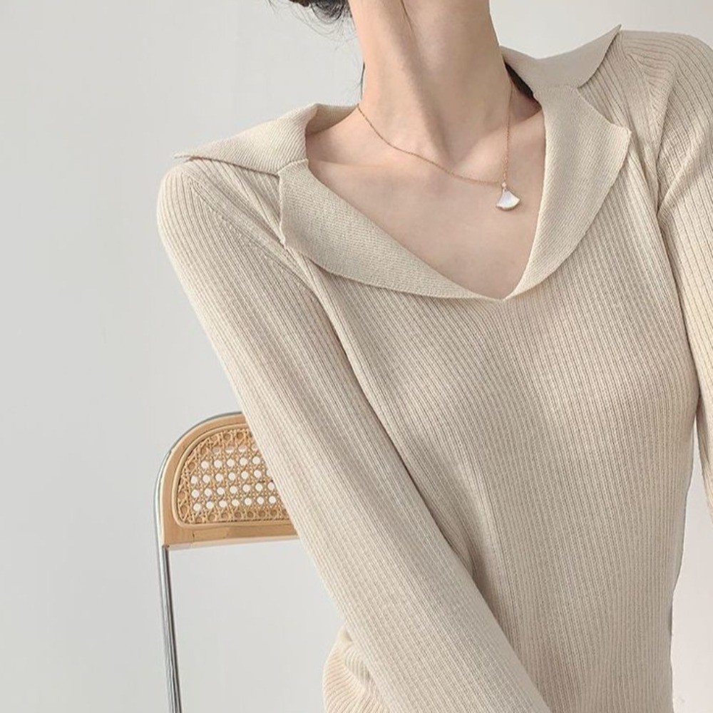 POLO Collar ถักผู้หญิงคอวี Slim Fit แขนสั้น Top