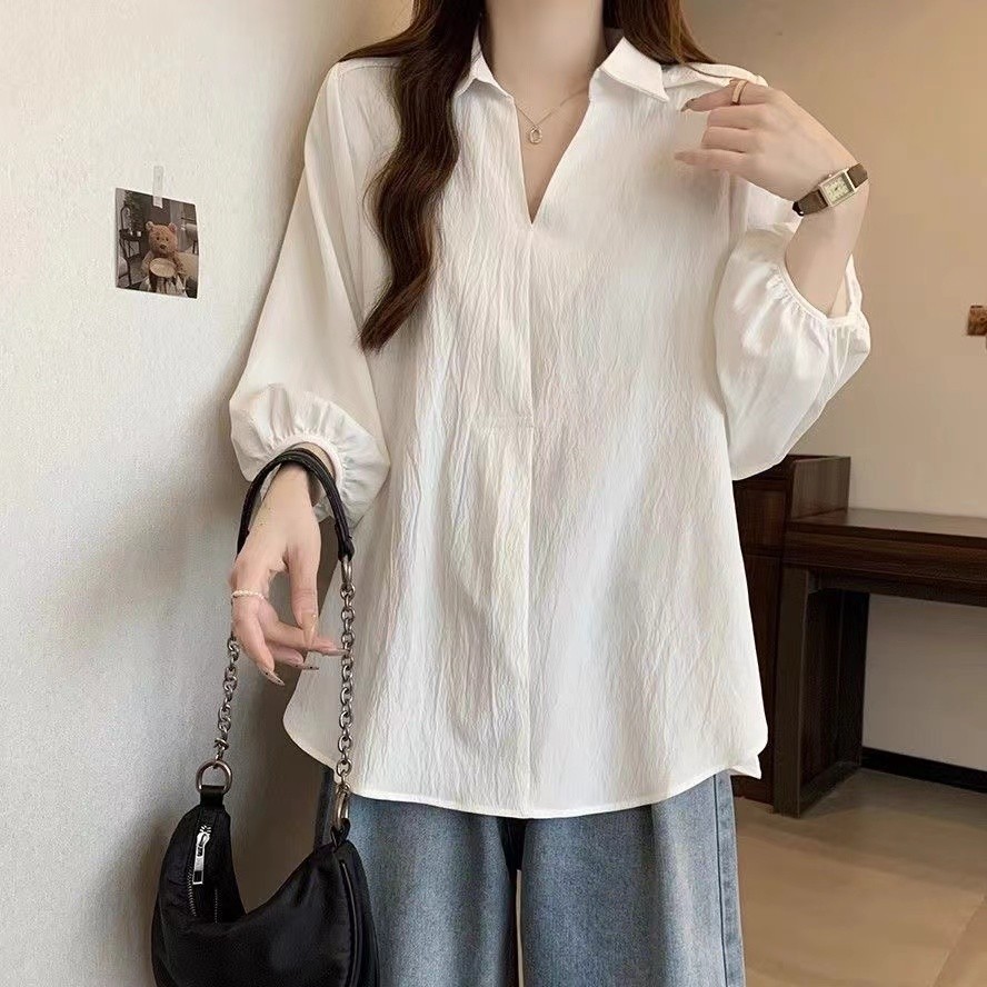 เสื้อเชิ้ตแขนยาวสีขาวสไตล์ฮ่องกง ขนาดใหญ่ ทรงหลวม ซ่อนพุง ดีไซน์สามส่วน สําหรับฤดูร้อน