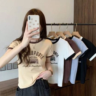 เสื้อยืดแขนสั้น ทรงพอดีตัว ลายตัวอักษร เก๋ สไตล์เกาหลี สไตล์มินิมอล