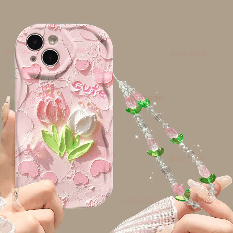 เคส for iPhone 17 Air 16 15 14 Pro Max 13 12 11 ProMax XS X XR 7 8 SE 2020 6 6S Plus Cream Edge Cute Airbag Shockproof Soft Phone Case Crystal Lanyard Fresh Pink Tulip Love Heart Back Cover NY 126