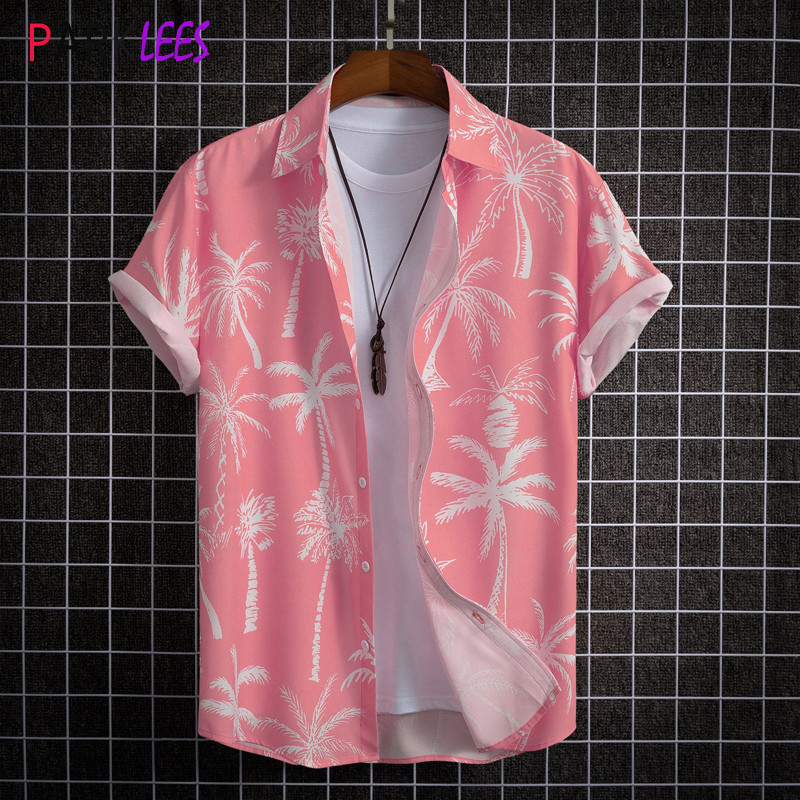 เสื้อเชิ้ตแขนสั้นลําลอง พิมพ์ลายต้นมะพร้าว สีชมพู แบบแห้งเร็ว เหมาะกับเดินชายหาด สไตล์ฮาวาย สําหรับผู้ชาย
