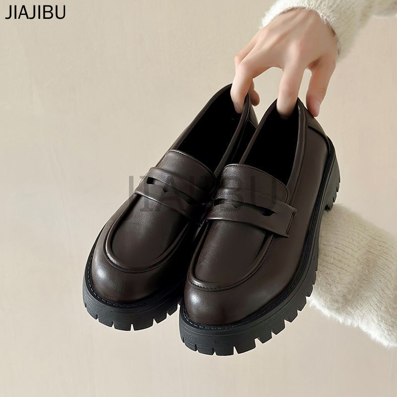 Size 35-43 High Quality Large Size Women's Shoes Korean Fashion Platform Mary Jane Shoes 42 Non-slip Round Toe Thick Heels Lolita Shoes Lazy Shoes Japanese Black Shoes British College Style JK Uniform Shoes Brown Small Leather Shoes Cosplay Princess Shoes