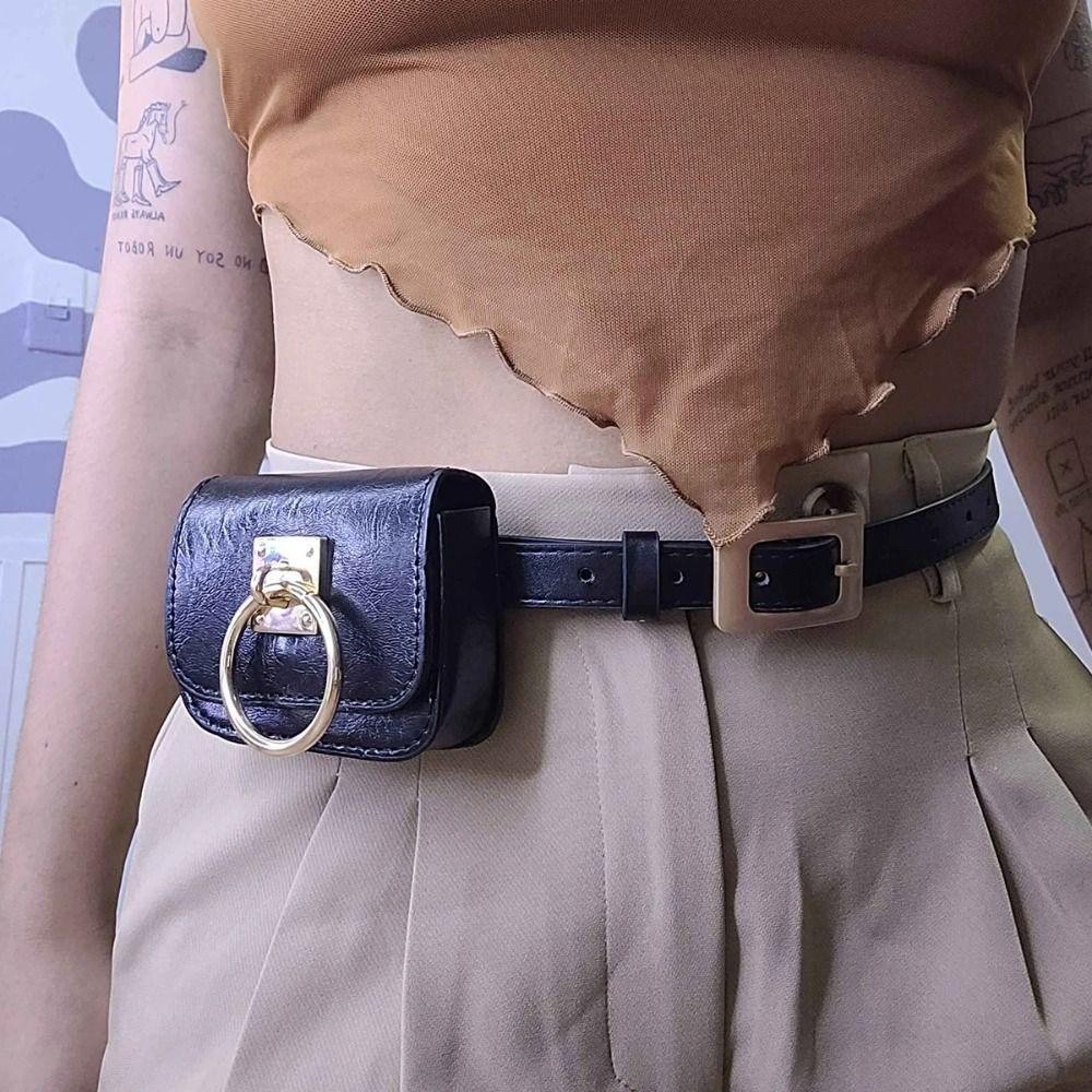 HOBBYIN ผู้หญิงกระเป๋าเข็มขัดวินเทจ, PU หนัง Punk Square Heart Gothic Fanny Packs, Travel เอวกระเป๋า Y2K สไตล์เข็มขัดหัวเข็มขัดโลหะสีดํา