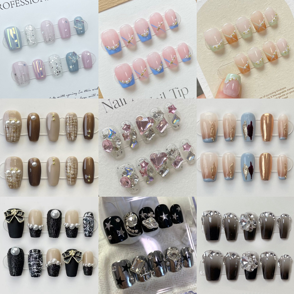 เล็บปลอมแฮนด์เมด 100% รูปสี่เหลี่ยมคางหมูสั้น ประดับเพชร รูปผีเสื้อ สีม่วง นํากลับมาใช้ใหม่ได้
