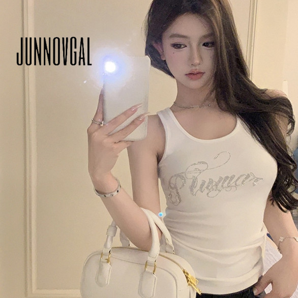 JUNNOVGAL ผู้หญิง Camisole Hot Diamond U-คอ Low Cut สีทึบสบายๆสไตล์ใหม่สลิมฟิต