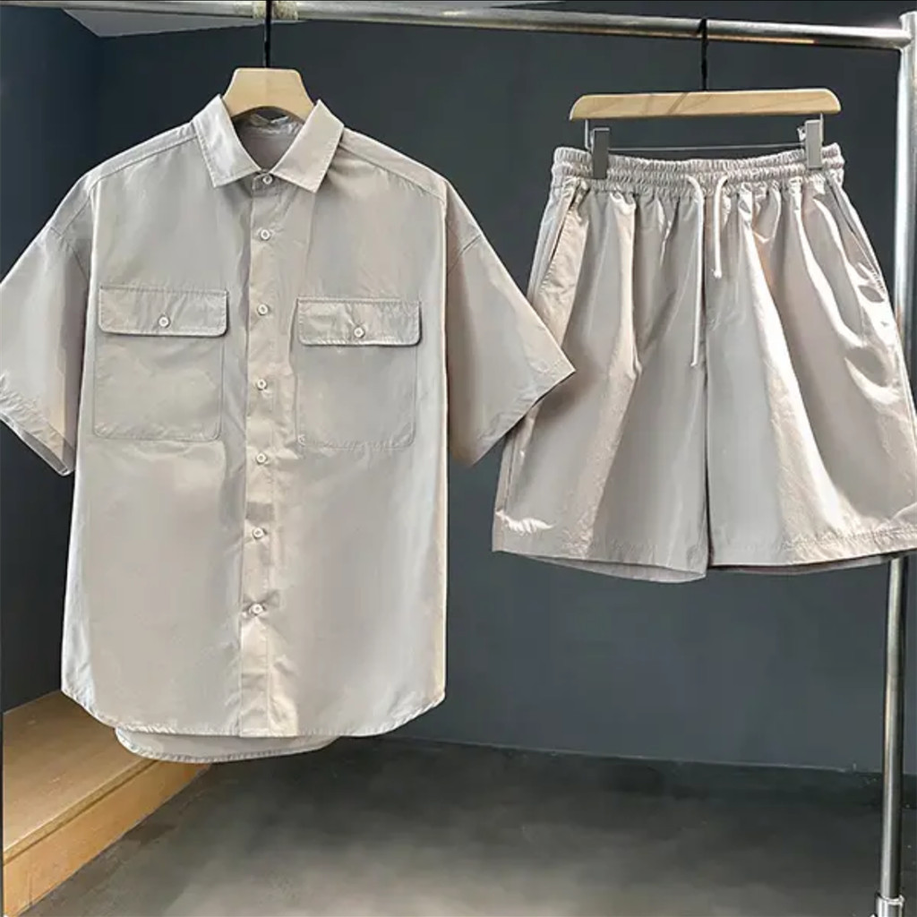 ฤดูร้อนชุดสูทผ้าไหมน้ําแข็งผู้ชายผู้หญิงสไตล์ Contrast Classy All-Match Cool Breathable ครึ่งแขนเสื้อหลวมบางสไตล์กางเกงขาสั้นห้าจุด