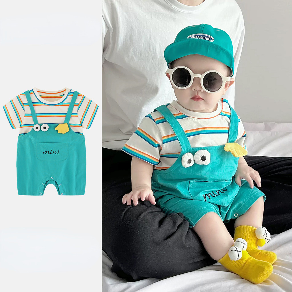 เด ็ กฤดูร ้ อน Onesie 0-2 ปีทารกแรกเกิดแขนสั ้ นผ ้ าฝ ้ าย Splicing Suspenders ลาย Romper สไตล ์ เกาหลี