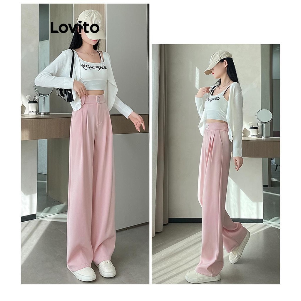 Lovito กางเกงขายาวผู้หญิง แต่งกระดุม กระเป๋า สีพื้น สไตล์ลำลอง LNE52132