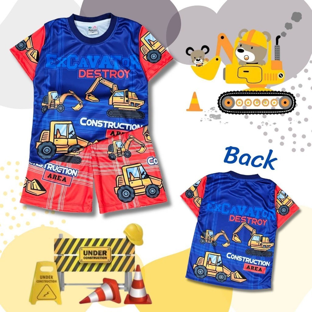TR0647#2 เสื้อผ้าเด็ก เสื้อแขนสั้น+กางเกงขาสั้น ลายรถดั๊มพ์ รถแมคโคร รถก่อสร้าง ผ้าไมโครเกรดA ชุดเด็ก ชุดเด็กลายการ์ตูน