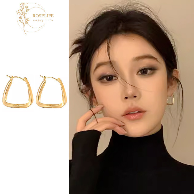 Roselife เกาหลีทอง Chunky Square Hoop ต ่ างหูสําหรับสาว Hypoallergenic เรขาคณิตหูเครื ่ องประดับอุปกรณ ์ เสริม