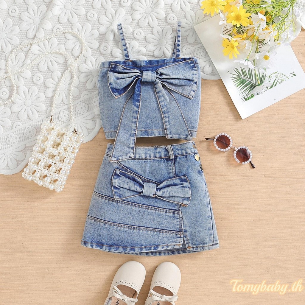 Tomybaby-little Girls Denim ชุดโบว์สแควร์คอสปาเก็ตตี้เสื้อกล้าม + แยก Hem กระโปรงฤดูร้อน 2 ชิ้นชุด