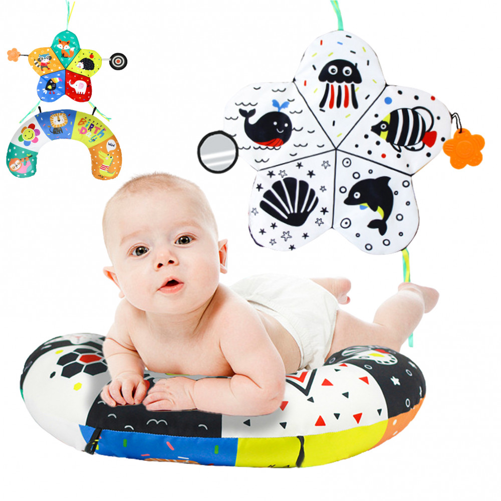 Yl Tummy Time หมอนยางกัด,สีดําและสีขาวสูง Contrast ของเล่นเด็กพร้อมกระจก,Montessori Sensory Crawling ของเล่นสําหรับทารกทารกแรกเกิดเด็กวัยหัดเดิน Tummy Time ของเล่น 0-6 เดือนทารก