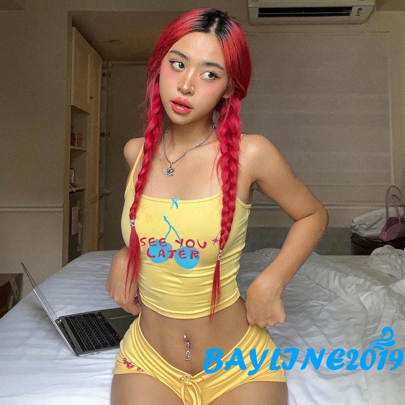 Bay-women tiddings Summer Set Letter Cherry Pattern Cami Tops with Drawstring Shorts Set Streetwear